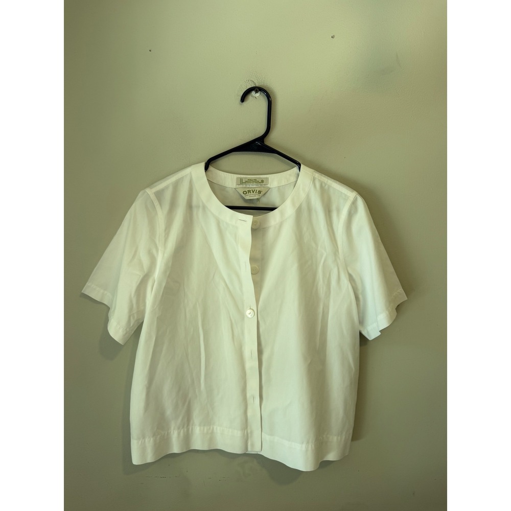 Orvis Womens White 100% Cotton Wrinkle Free Short Sleeve Button Up Blouse M